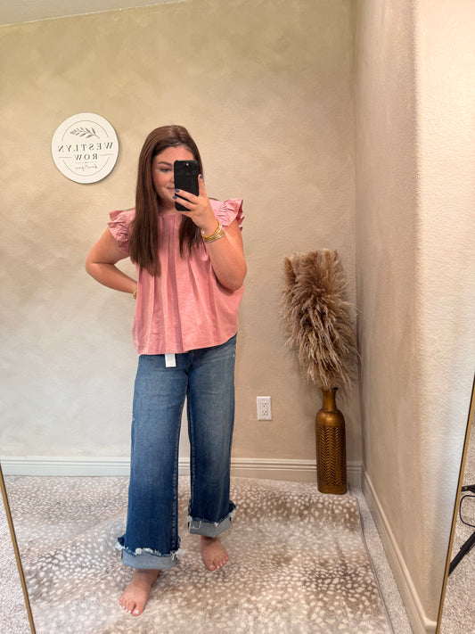 Dusty Rose Ruffle Sleeve Blouse