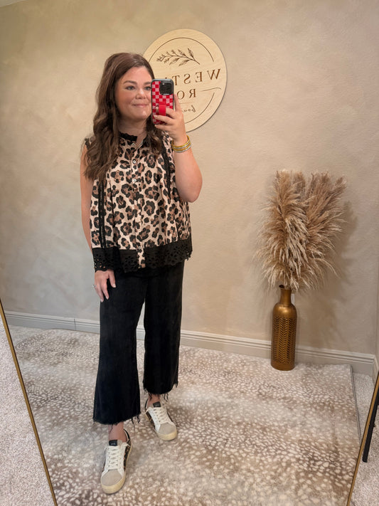 Savannah Leopard Lace Trim Blouse